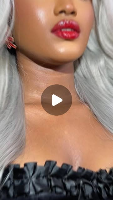 Close-up red lipstick glam with silver hair