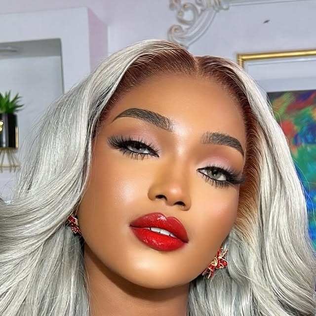 Glam portrait with red lipstick and silver hair